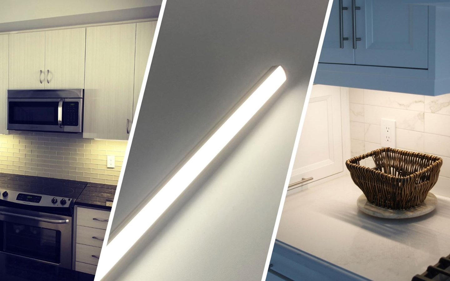 Under-cabinet LED lighting illuminating a kitchen workspace